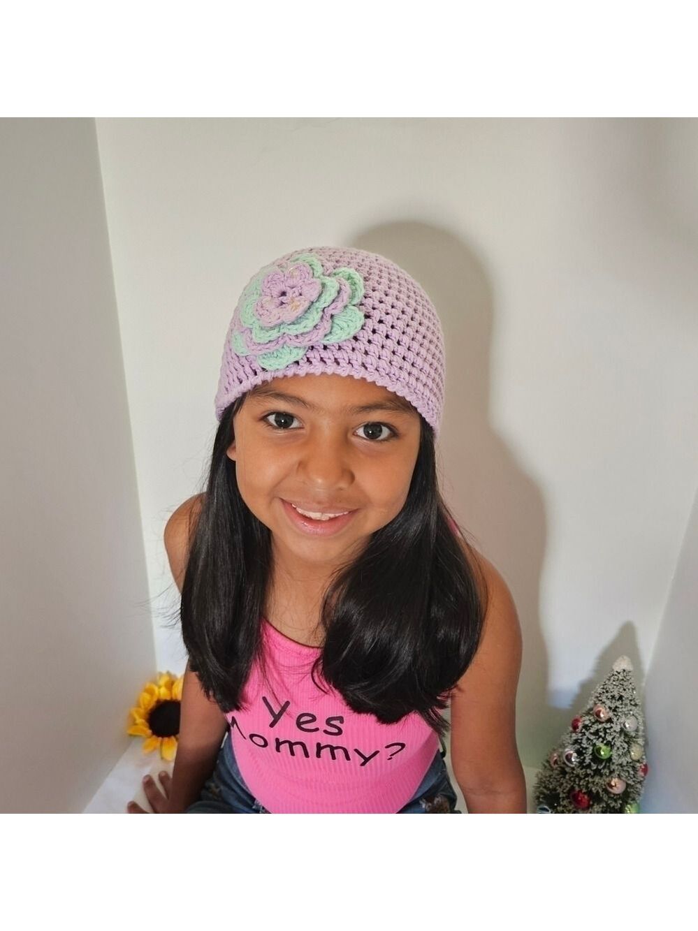 Hand Crafted upcycle crochet lavander Beanie handmade flower grannycore girl hat - Picture 12 of 17